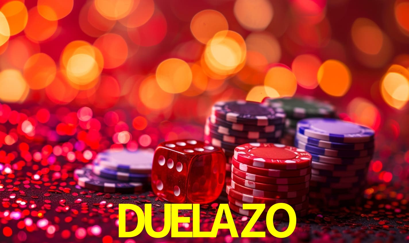 Una escena digital vívida inspirada en casino con DUELAZO mostrado prominentemente, luces brillantes, fichas, cartas y acentos dorados.