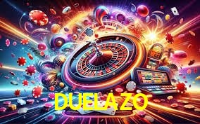 Escena dinámica inspirada en casino con iluminación DUELAZO, cartas, fichas e íconos de juegos digitales en un espacio moderno de juegos.