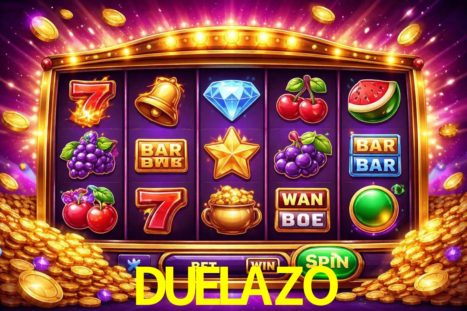 Una interfaz colorida de tragamonedas en línea con símbolos brillantes, monedas y un efecto de victoria celebratoria en DUELAZO.